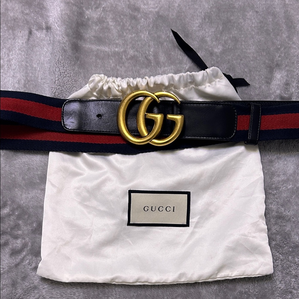 Gucci Navy and Red Belt with Gold GG Buckle